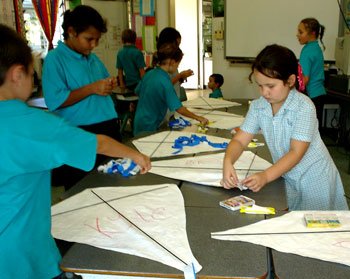 school children doing kite making workshop in class