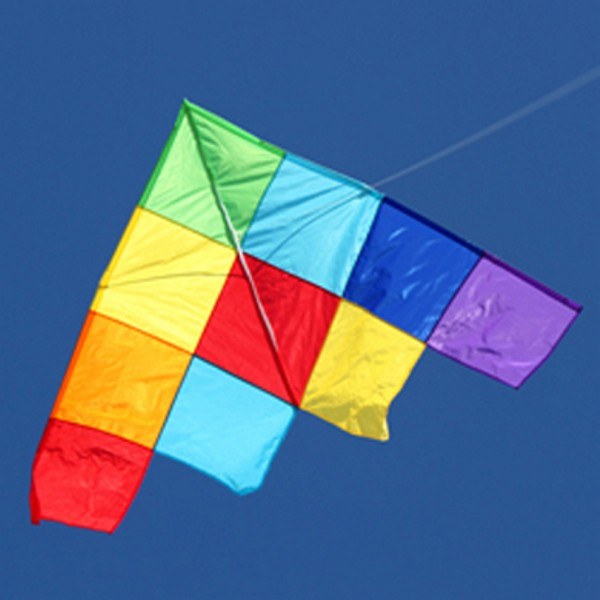 Large patchwork delta single line kite in the sky
