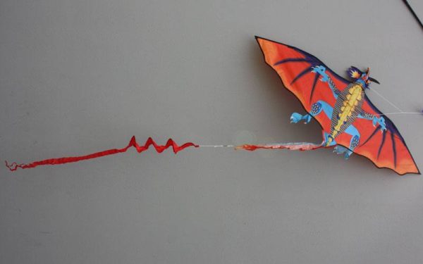 Single line kids kite the Fire dragon kite showing wing design and tail detailTail and wing detail