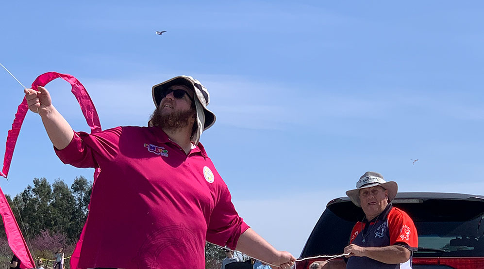 Roger Martin flying Spongebob quadline kite